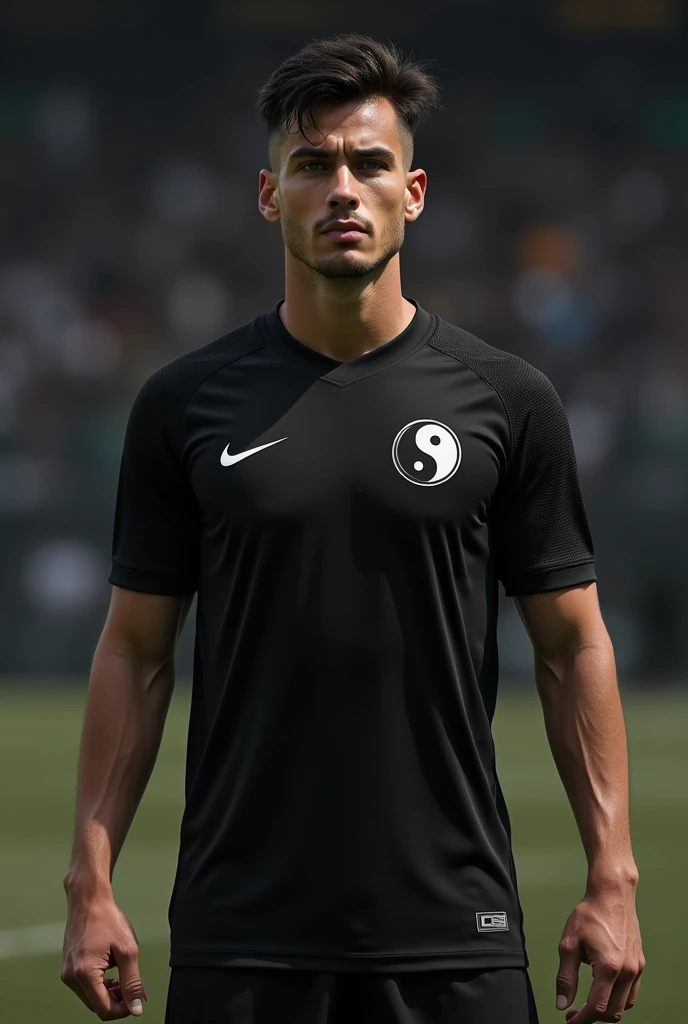 Create an all black football shirt with the holes of the white shirt with the symbol on the left side of the yin yang and on the right side the Nike symbol