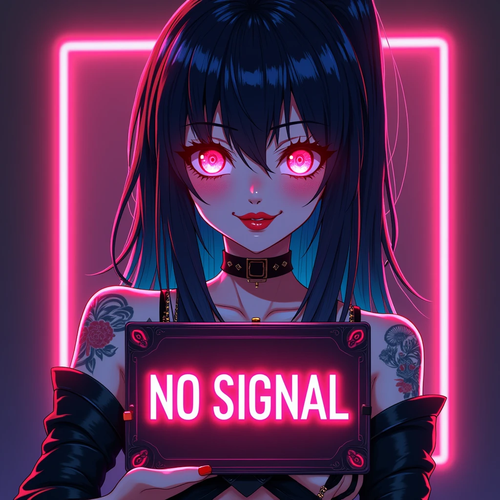 Neon anime sexy lady sexy neon lips sexy neon eyes sexy neon tattoos sexy anime warrior secy neon hairs, Biting a cable and A sign that says no signal visible