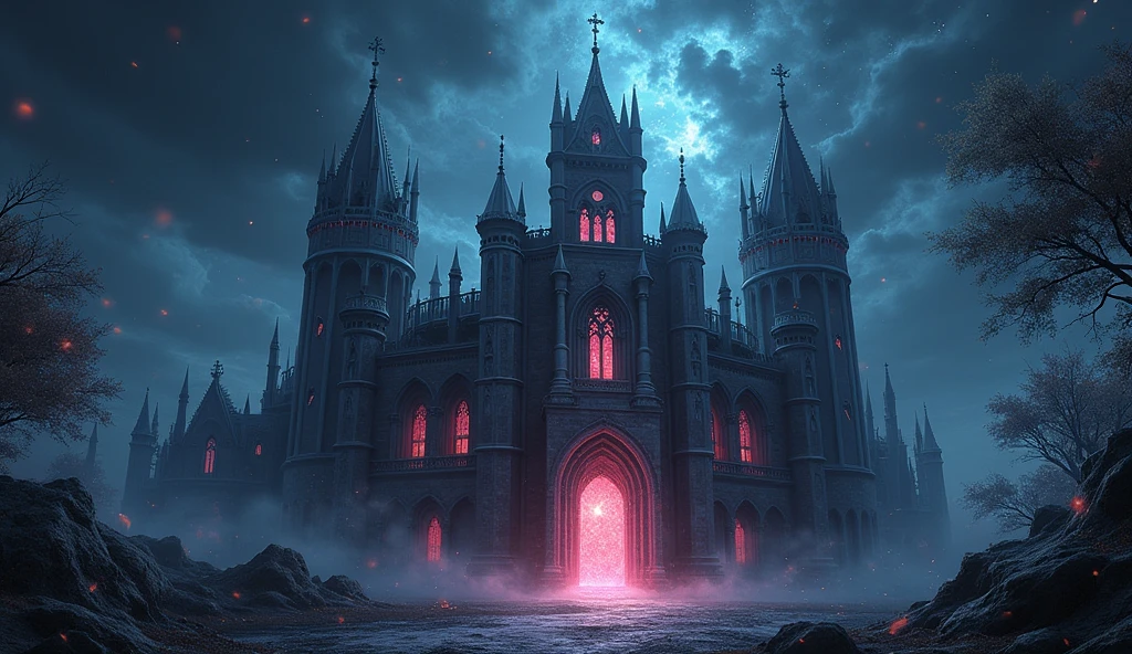 Skull Castle, mysterious, creepy, nightmarish, [very bright colors], light particles, with light shining, mshift, wallpaper art, full hd wallpaper, (Grayscale colors), Gothic style