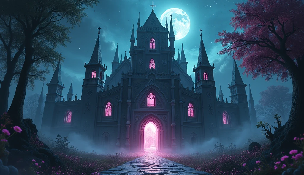 Skull Castle, mysterious, creepy, nightmarish, [very bright colors], light particles, with light shining, mshift, wallpaper art, full hd wallpaper, (Grayscale colors), Gothic style