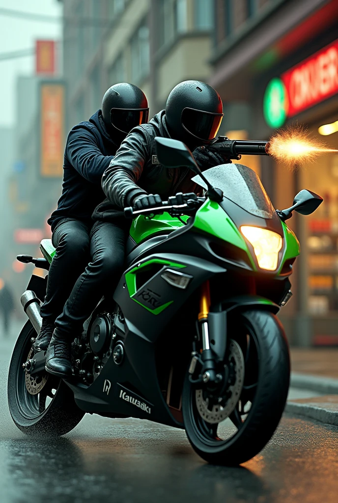 Two men on a Kawasaki H2R and the man behind is shooting at a store with a .47 aka