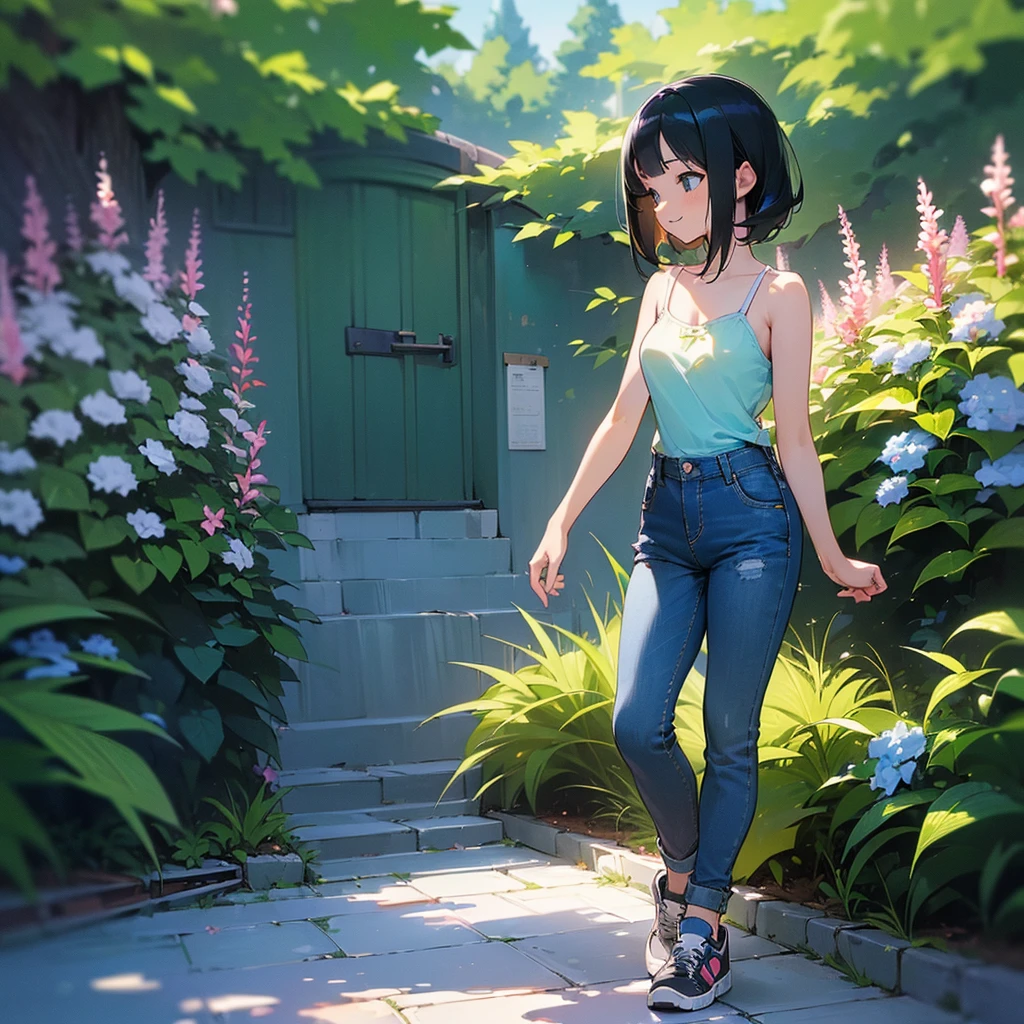 (high quality, High resolution, Very detailed, reality:1.37), Peaceful atmosphere, (Outdoor, garden), Teenage girl standing alone, (my breasts are big.), Beautiful details, Cute Smile, (Black bob hair), camisole, Denim pants, Blue socks, sneakers.