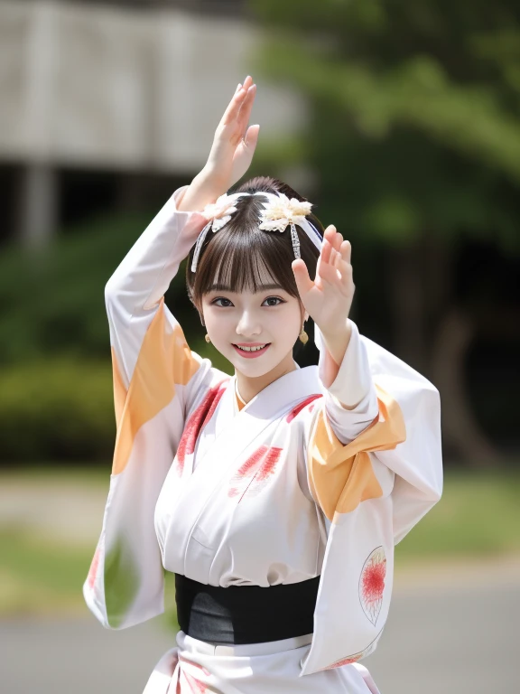 Photo-realistic quality、A 20-year-old woman wearing an Awa Odori dance costume is dancing., White kimono、White Arms、 Japanese Model, Traditional Japanese Kimono Japanese Bon Odori, looking at the camera、Detailed and beautiful eyes、Cute smile、A soft and gentle look、Catchlight in the eyes、Professional Lighting