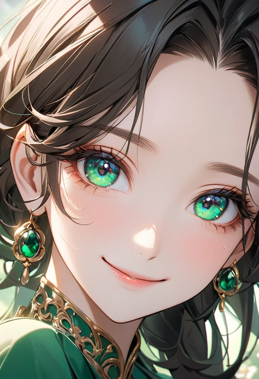 8K,high res,Skin details, Beautiful facial features, Exquisite makeup, Exquisite eyes, Eye detail,smile,forehead,dark hair,emerald-green tops