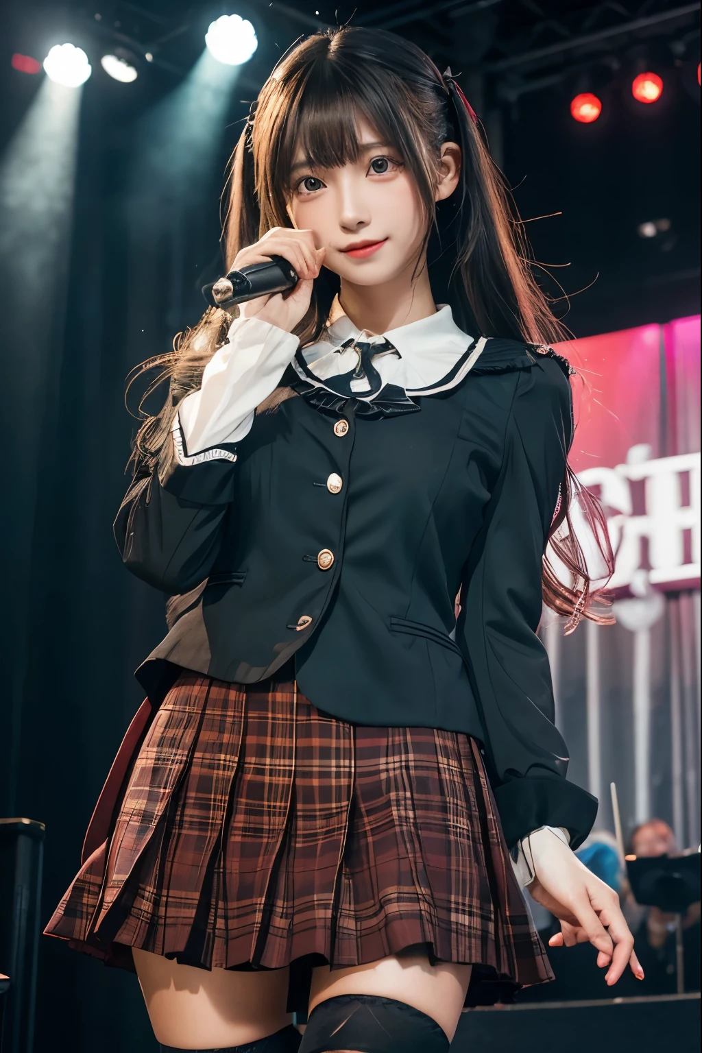 High school girl blazer、uniform、Red checked knee-length skirt、Long skirt、JK Style、Jacket、smile、Knee-high socks、Thigh-high socks、pantyhose、Extremely beautiful、Super cute、ennui、Rare Beauty、Dark black eyeshadow、sad、Skin radiance、Long Hair Straight Hair、Dark Gothic Makeup、Dark Smile、Fragrant beauty、Stained glass background、masterpiece、Highest quality、See 5 books、Sweat glistening on my chest、Sweat glistening on the face、Small breasts、2、Slightly slim、Mysterious look、Sad look、Mysterious Gothic Church、enchanting castle、Excessive sweating all over the body、Thighsに大量の汗と光、光沢のあるThighs、Thighs、Thighsに大量の汗が光る、sweat profusely、Gal、Small breasts、Japanese face、Captivating look、細いThighs、play the guitar、I have a guitar、Enthusiastic singing、バンドでplay the guitar、Playing guitar chords、Background of the live music venue、Sing a song、Open your mouth、Scenery of a live music venue、Mike stand、Glamorous live stage、Dynamic Angles、Vivid straight long hair、delicate straight hair、