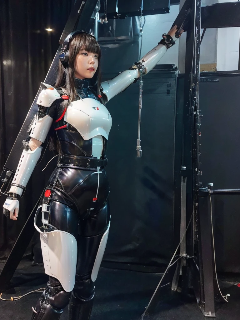 masterpiece, Highest quality, Very detailed, Japanese Android girl,Plump,Slightly thicker,Control panel,robot arms,robot,Android,cyborg,white robot body,Blunt bangs,robot repair plant,The spaceship's cockpit,Harness Belt,headset,Helmet,((Crucifixion))，torture，slave，((クロスにCrucifixionにされた女性：1.5)),Crucifixion刑, Type X,