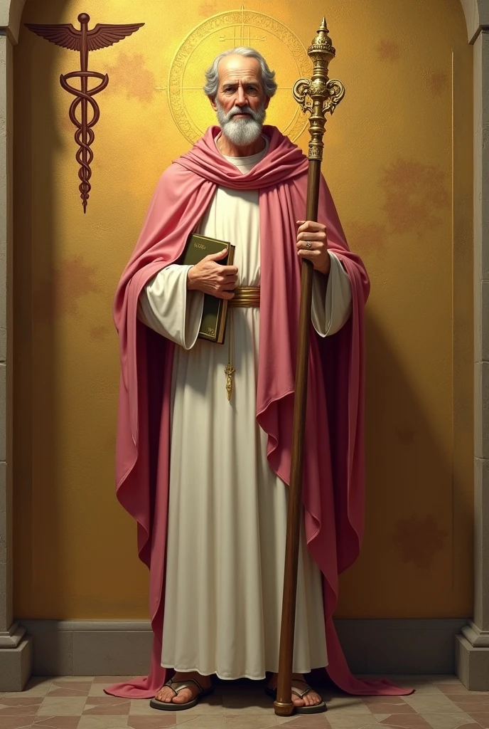 apostle saint matthew, a little older, patron of accounting, standing, with a white tunic and a pinkish red cloak, holding his gospel with his left hand, holding his staff in his right hand, and in the background a golden wall with a symbol "caduceus painted on the side"