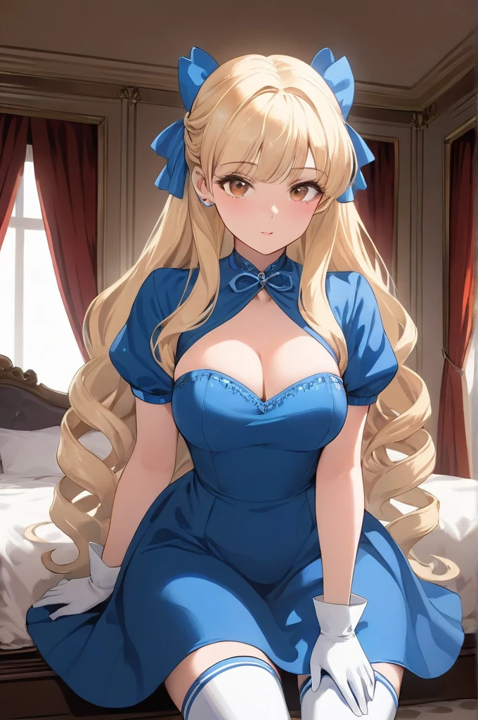 a cartoon woman with bright long blond hair in a blue dress, 1girl, solo, long hair, blonde hair, gloves, drill hair, ringlets, breasts, indoors, room background,Luviagelita_Edelfelt, 1girl solo long hair blonde hair dress drill hair brown eyes hair ribbon white boots, depth of field, masterpiece, best quality