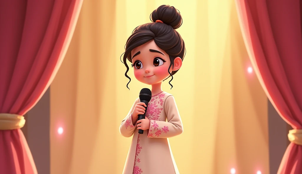 Lily, (highest quality, 4k, masterpiece:1.3), A young Pakistani Muslim girl wearing a traditional cream shalwar kameez with pink floral embroidery. Her hair is styled in a neat bun with loose strands framing her face, as seen in previous images. She holds the microphone close to her chest, looking thoughtful, a gentle smile on her face. The image is in a 2D animation style, with bright colors, cartoonish features, and soft, smooth shading. The background shows soft curtains, warm stage lighting, and a playful, joyful atmosphere. Clear outlines, simple textures, and an illustrated, digital painting look. (Cream shalwar kameez, pink floral embroidery, consistent outfit:1.3), (same hairstyle as before:1.3), (microphone in hand:1.3), (microphone always visible:1.3)