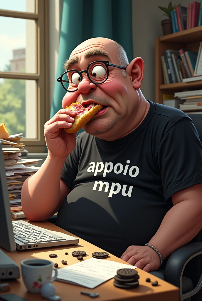 white male, aged 50, baldie, cheeky, Scrawny, but very pot-bellied, wrinkled face, wearing glasses, eating baguette with ham, leaning against a cluttered computer desk, stacks of papers, Oreo crumbs and cookies. Wearing a black shirt with the phrase APPOIO MPU