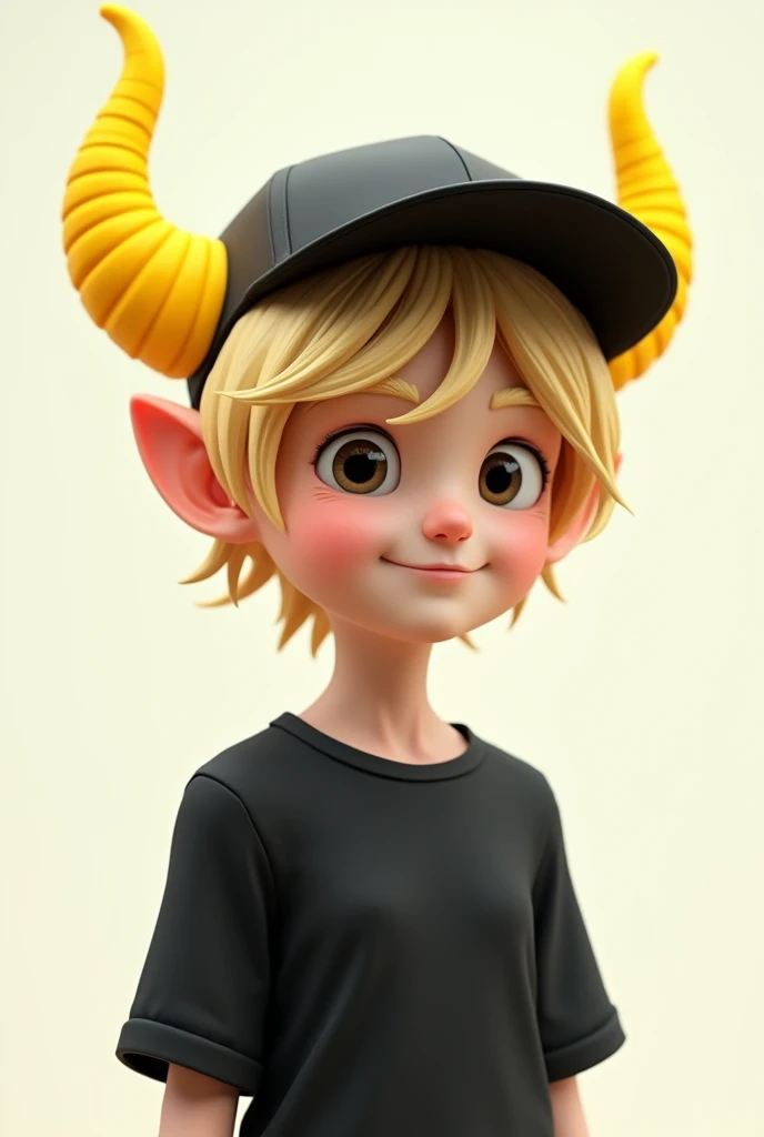 Blonde hair yellow horns black cap black shirt