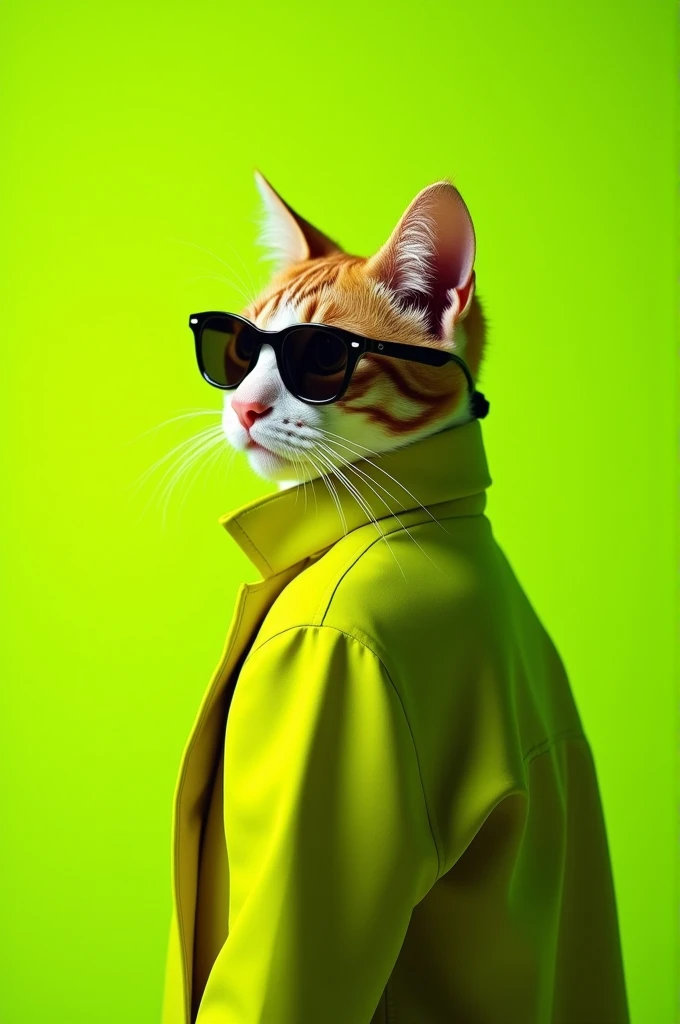 The best mobile wallpaper, Award winning wallpaper, portrait photography, In the front view there is a portrait of a cute cat dressed in 1960s mid-century space age clothing.., side view shot, shot with canon EOS R5, Establish a marked contrast that accentuates the subject., Fluorescent lime green tone, Wearing a very modern coat and sunglasses is a modern 60s style.., Clothes all in one color., beautiful background