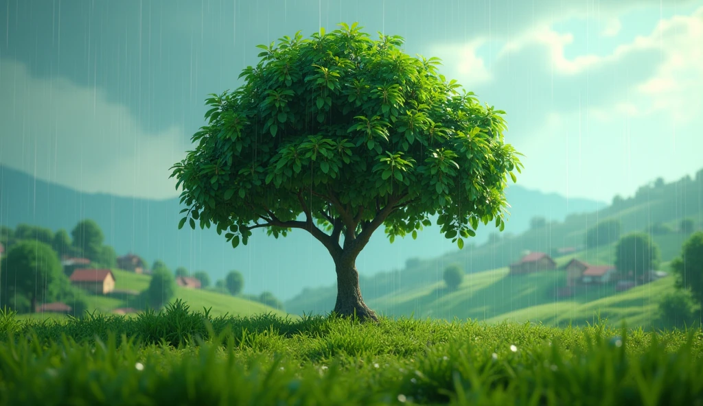 a 3d pixar animation style of an amate tree in the middle of the country side of el salvador during a rain fall