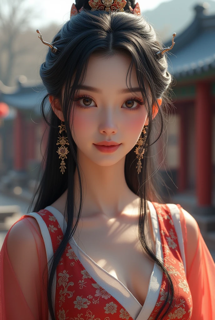 1girl,full body,extremely detailed face, beautiful detailed eyes,light on face,cinematic lighting,looking at viewer,outdoors,Black hair,(balck Chinese architecture:0.05),hanfu,