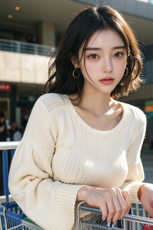 (2 pure Japanese girl,), (Small breasts:1.5,),(solo,,Textured skin, Detailed skin,Detailed face,Detailed eyes,detailed posing,Natural eyebrows,Sparkling Eyes,High detail, Highest quality, Super detailed, Surrealism, ,8k,RAW Photos,Photographicism,Professional Lighting,Ray Tracing,Portrait Photography,Soft Light),((「Black Hair, Natural Makeup,Simple earrings, Side Up,Curly Hair, Bell sleeve sweater))),(((Pushing a packed shopping cart,Shopping Centre)))