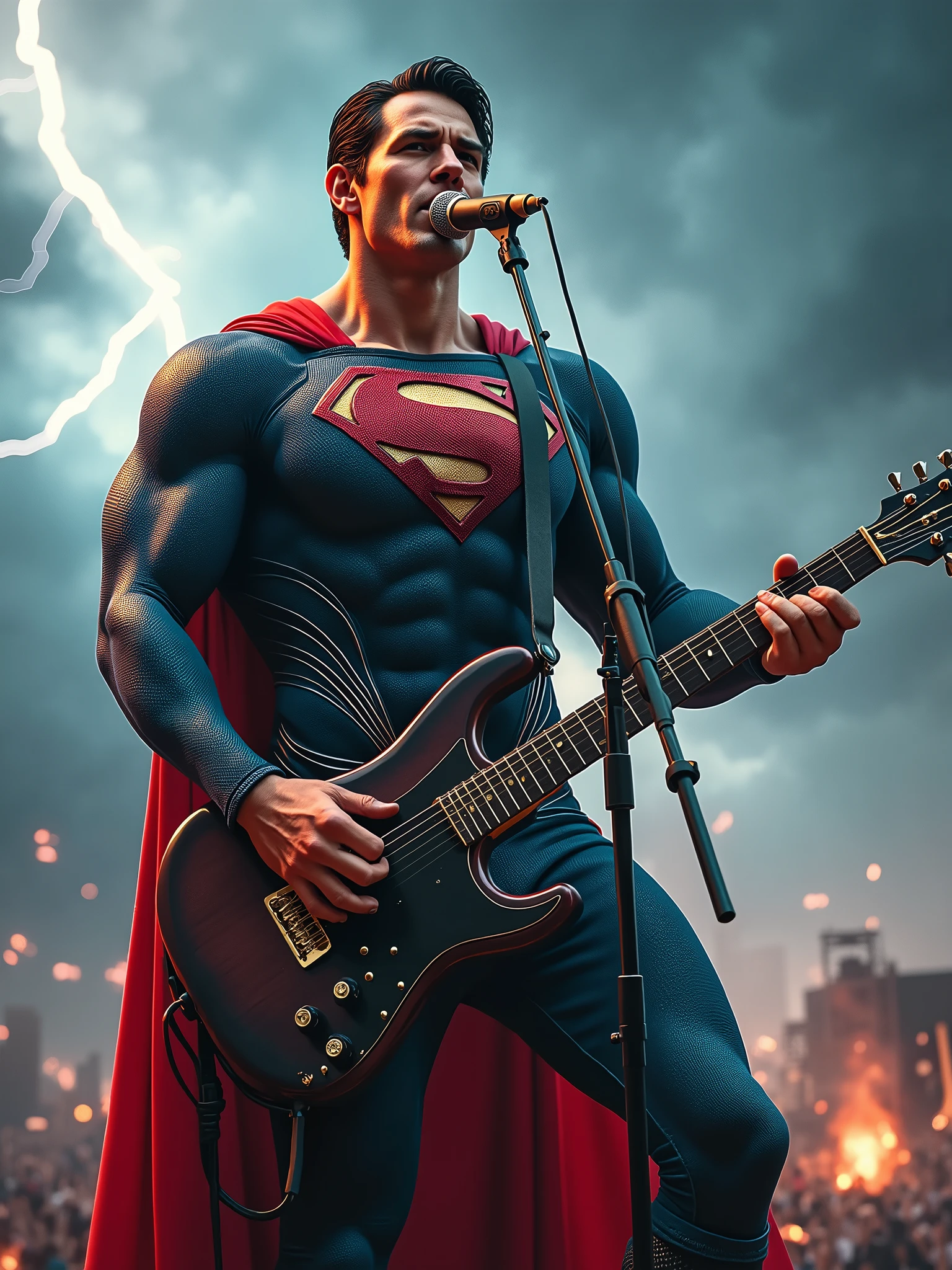 Rock Superman marvel holding the microfon singing with a background of thunder and a very rock vibes.