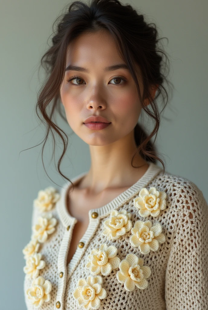 European woman model wearing knitted cardigan with lots of small crochet flowers sewn onto the cardigan.