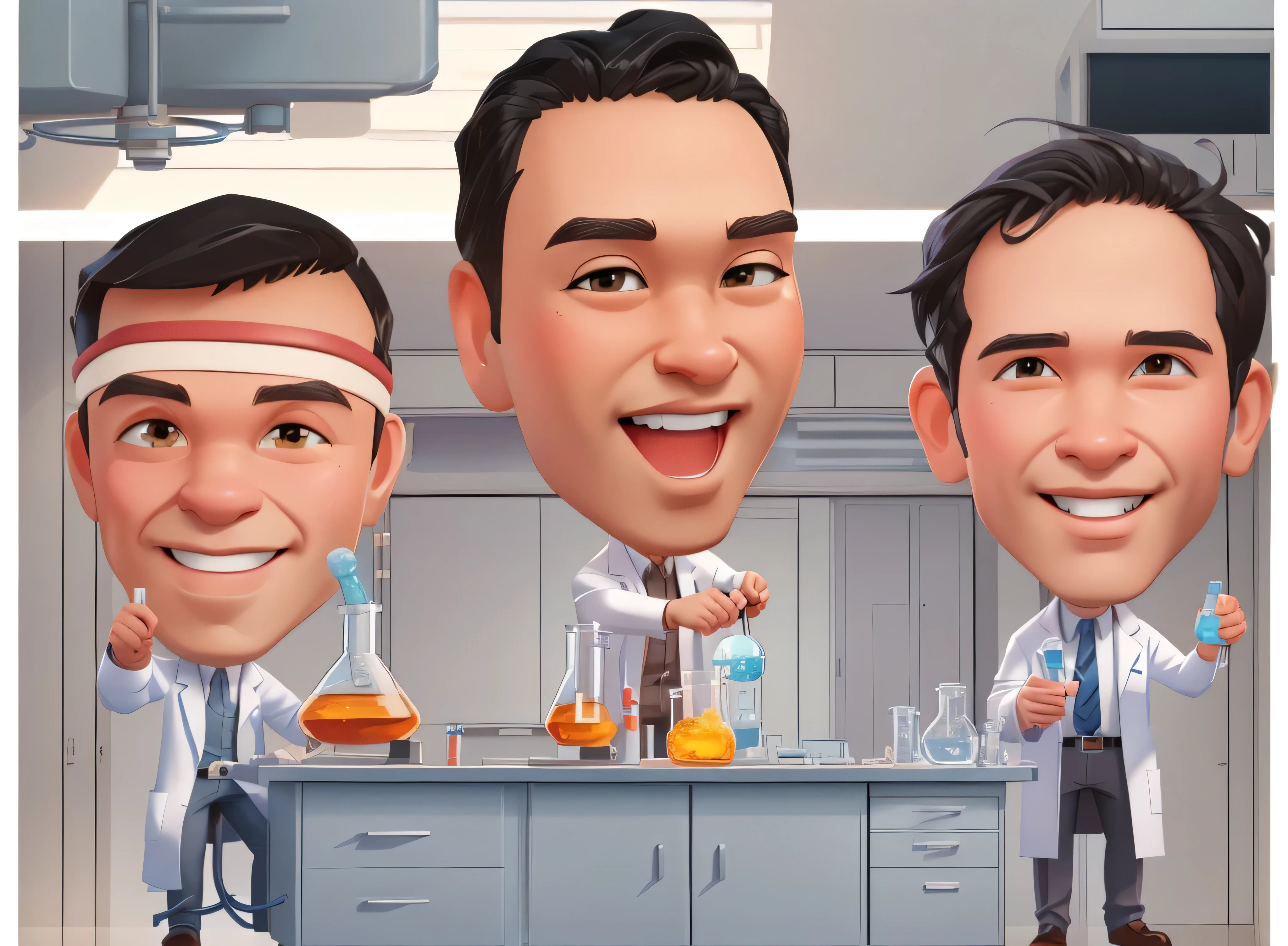 cartoon of three men in lab coats with beakers and beakers, caricature illustration, scientists, caricature style, cartoon style illustration, scientist, potrait, in cartoon style, caricature, smoky laboratory, in laboratory, chibi, laboratory, clone laboratory, cartoon artstyle, fanart, experiment in laboratory, caricature!!!, elite scientist, cartoon digital painting, cartoon illustration, 3D render, 3D Cartoon, big head, cartoonish look, high resolution, super detail, soft lighting