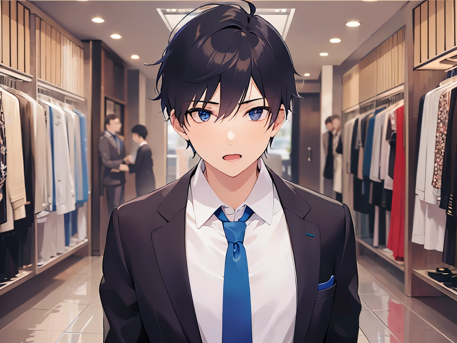 masterpiece,Highest quality,BREAK(Ald man:1.5) and (Black short hair) and (blue eyes)and (Wearing a suit:1.5) and (Blue tie)BREAK,The background is the interior of a clothing store.,(A confident expression),(open mouth),alone,