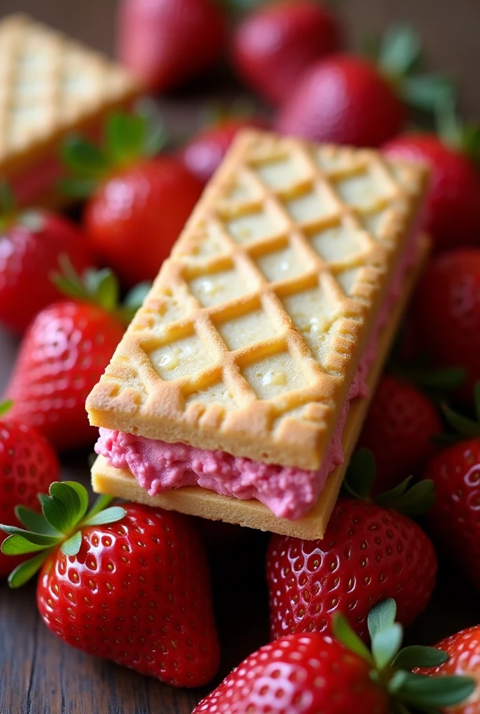 A rectangular three-layer cookie on top of many strawberries. The cookie is filled with a pink cream. There is another cookie. There is cream and another cookie. The cookie is thin and rectangular in shape. It has relief with crossed horizontal stripes.