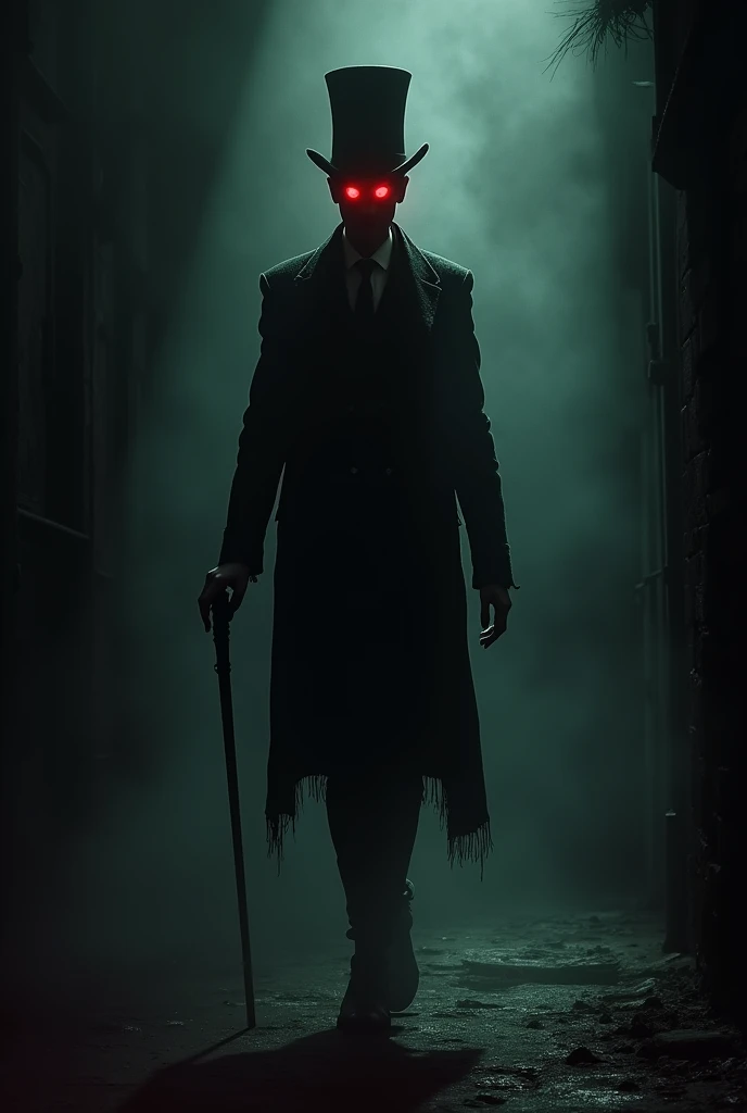 In the midst of darkness, a tall, slender figure emerges, dressed in an old, tattered suit. A slightly tilted top hat rests on their head. The face is nearly invisible except for two glowing red eyes that burn in the darkness. The figure holds a cane, tapping it gently on the ground with each step, the sound echoing hauntingly in the silence