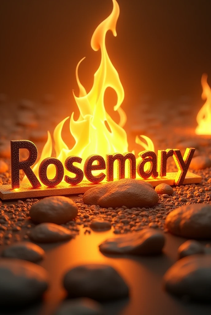 Create an excellent design with gold colors, fire, light with the word Rosmary in 3D