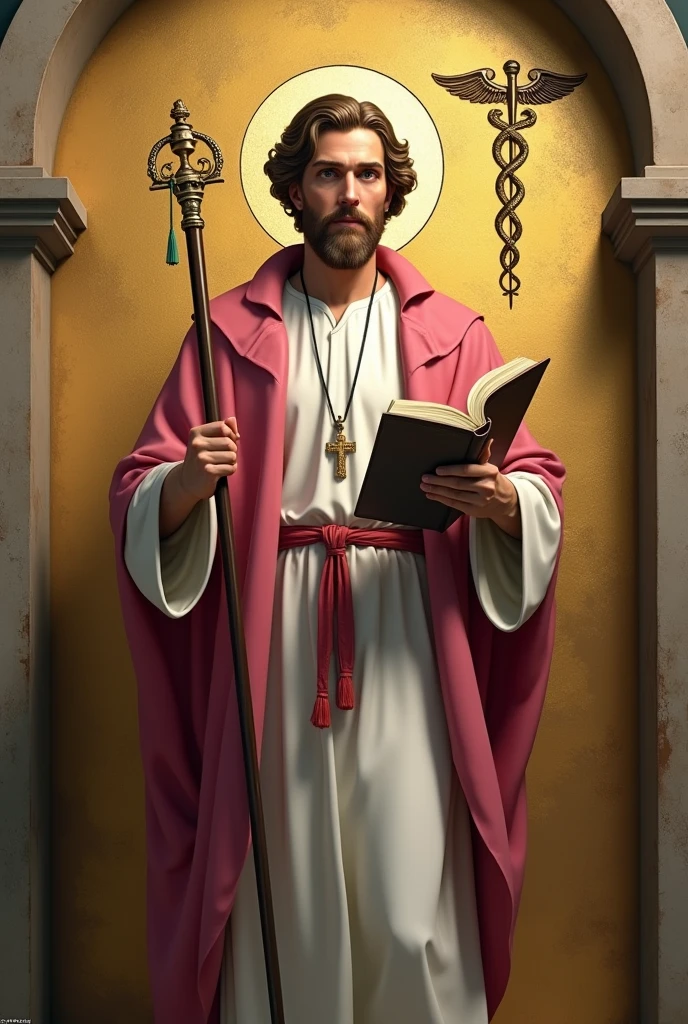 apostle saint matthew, patron of accounting, standing, with a white tunic and a pinkish red cloak, holding his gospel with his left hand, holding his staff in his right hand, and in the background a golden wall with a symbol "caduceus painted on the side"