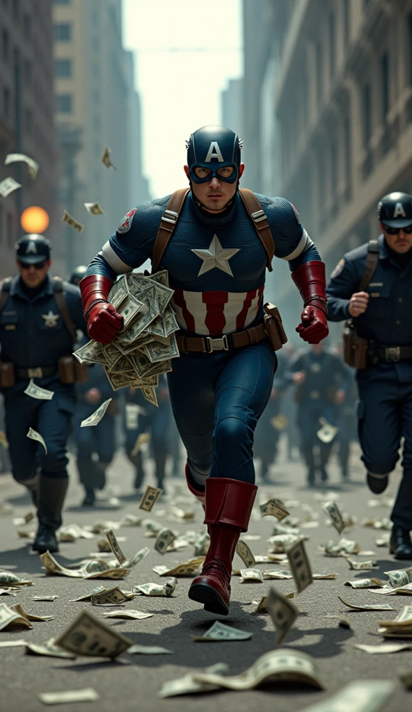 Make a picture in which Captain America is running away with a lot of money and the money is scattered everywhere and the police has surrounded him from all sides 