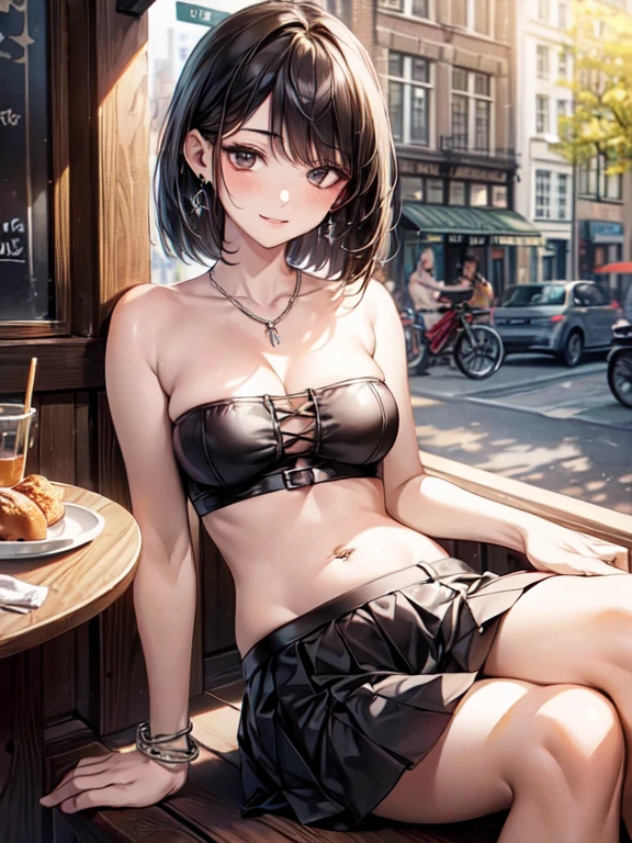 ((masterpiece, Highest quality, Very detailed)), anime CG,
One girl, 20 years old, full makeup, black hair, bob cut, swept bangs, BREAK ((black eyes)), droopy eyes, thick thighs, medium breasts, focus lip,
((lots of pierced earrings, silver chain necklace, silver bracelet)),
((bare belly button, belly piercing)),
BREAK looking at viewer, cowboy shot, smile,
((sitting on a wooden benche)), ((crossed legs)),
BREAK ((black cropped bandeau top)), ((cleavage)), (black pleated mini skirt with belt)),
BREAK Outdoors, Amsterdam cafe exterior, daytime, large windows, sunny terrace seating, wooden benches, bicycles parked nearby, Dutch architecture, cozy atmosphere, iced coffee glasses on table, people sitting at outdoor tables, pastries, warm colors, soft natural light,