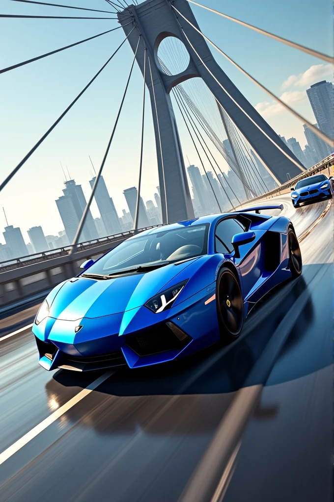 Blue car doing a radical maneuver on the bridge