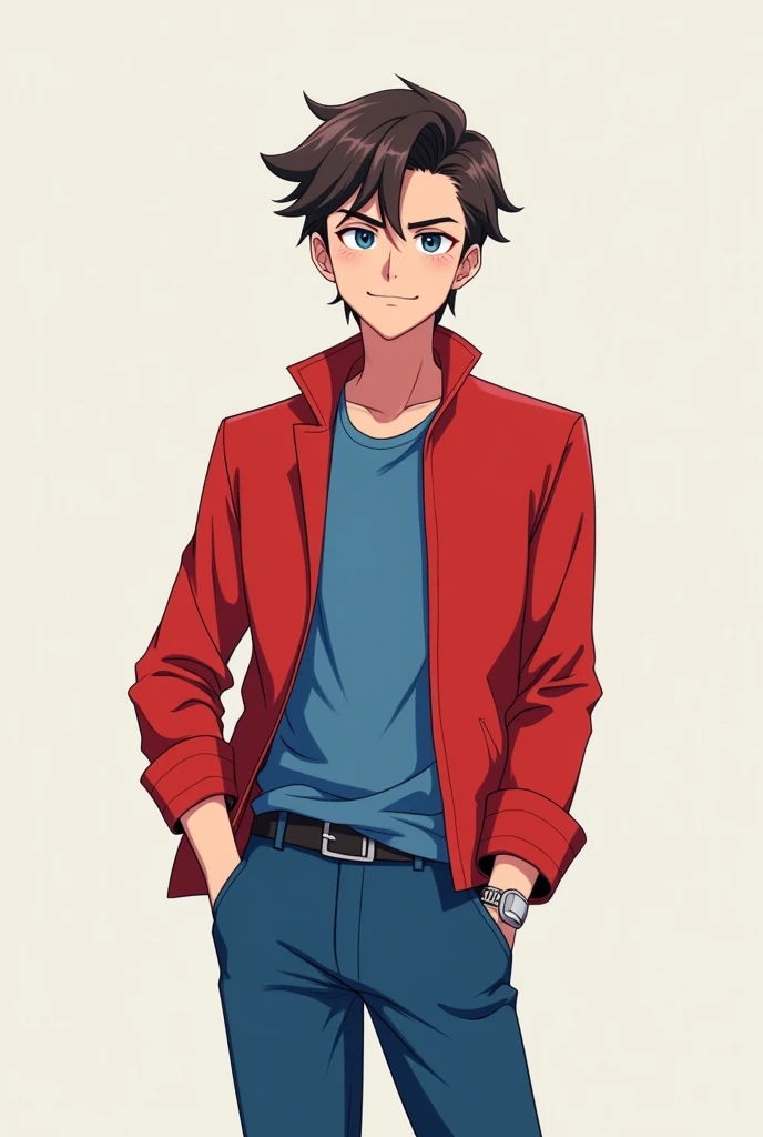 Anime style creates a man of average composure who wears red and blue clothes and is flirtatious