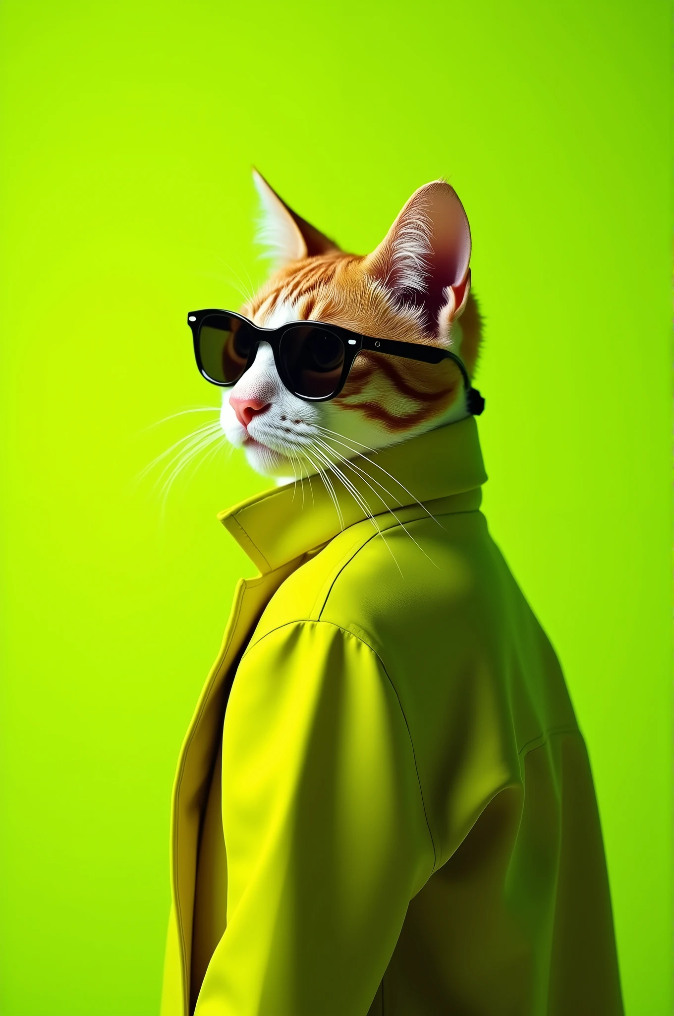 The best mobile wallpaper, Award winning wallpaper, portrait photography, In the front view there is a portrait of a cute cat dressed in 1960s mid-century space age clothing.., side view shot, shot with canon EOS R5, Establish a marked contrast that accentuates the subject., Fluorescent lime green tone, Wearing a very modern coat and sunglasses is a modern 60s style.., Clothes all in one color., beautiful background