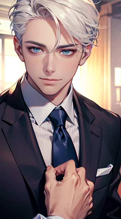 (Highest quality,4K,8K,High resolution,masterpiece:1.2),Super detailed,(Realistic,photoRealistic,photo-Realistic:1.37),1 personld, Men,Beautiful skin、very handsome,Expressionless,smile,Short white hair,blue eyes,Sharp Eyes,A perfect face without a doubt,Businessman,Office Background,Cinema Lighting,HDR image,tie、