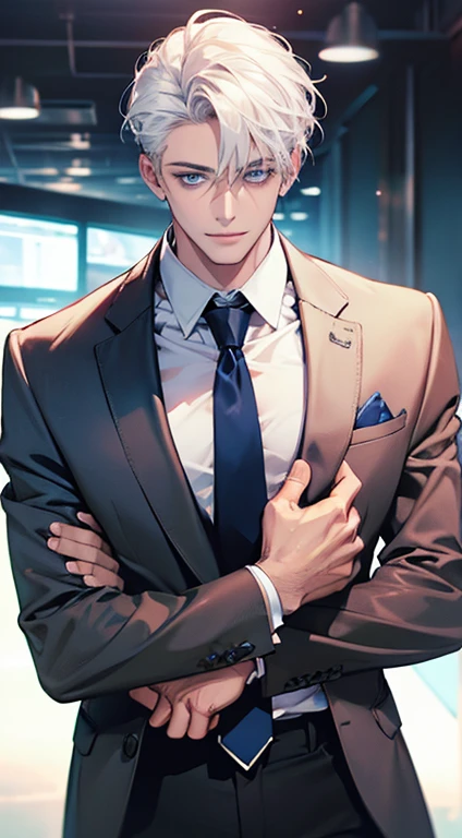 (Highest quality,4K,8K,High resolution,masterpiece:1.2),Super detailed,(Realistic,photoRealistic,photo-Realistic:1.37),1 personld,Mature Men,Beautiful skin、very handsome,Expressionless,smile,Short white hair,blue eyes,Sharp Eyes,A perfect face without a doubt,Businessman,Office Background,Cinema Lighting,HDR image,tie、