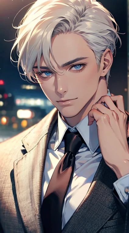 (Highest quality,4K,8K,High resolution,masterpiece:1.2),Super detailed,(Realistic,photoRealistic,photo-Realistic:1.37),1 personld,Mature Men,Beautiful skin、very handsome,Expressionless,smile,Short white hair,blue eyes,Sharp Eyes,A perfect face without a doubt,Businessman,Office Background,Cinema Lighting,HDR image,tie、