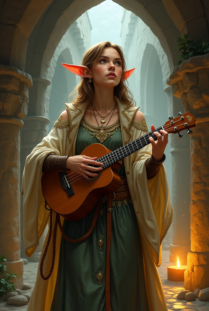 bard, meio elfo de maoicano com um ukulele, inspired by the dungeon rpg game & dragons