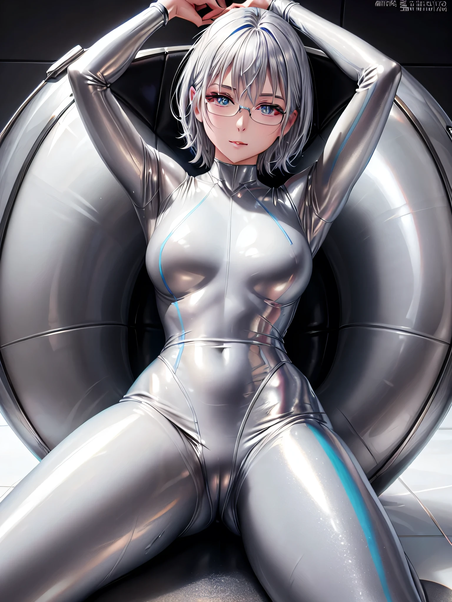 Highest quality 8K UHD、Mastepiece、Close-up、short hair、Blue Eyes、Silver Hair、Glasses、Leg spread、A beautiful woman wearing a slippery silver metallic suit、Slippery silver metallic rubber suit