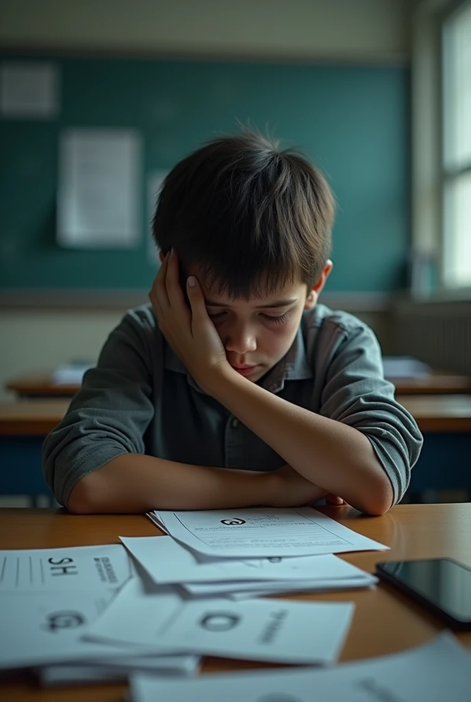 A crying ager is at a desk in a classroom. There are many papers on the desk and some say “F”. On the desk is his iPhone turned on