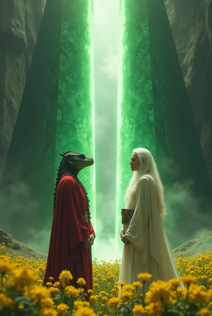 A reptilian in red formal attire and a white-haired Nordic man wearing elven robes stand in front of two large emerald obelisks set in a field of yellow flowers.. Between these obelisks a spiritual portal opens where children of all ethnicities emerge. 