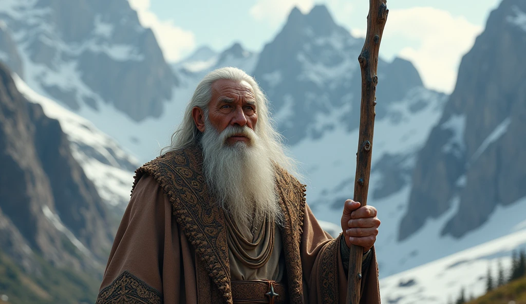 prophet man with a very big beard, and with a staff in his hand in the mountains