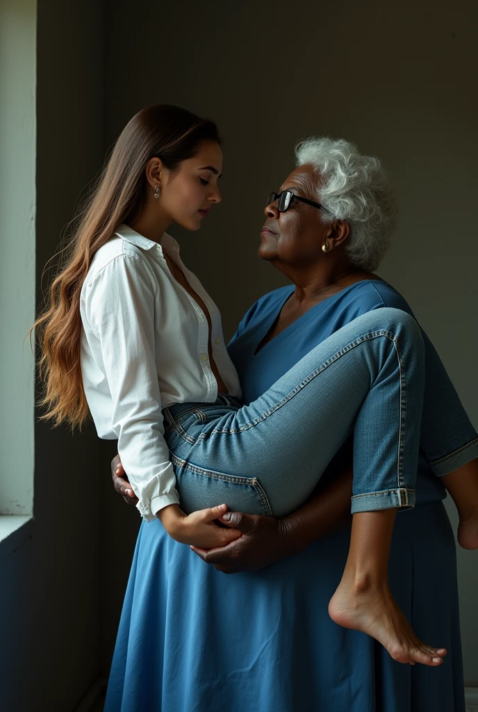 Create a photo of a 20 year old young woman, with a slender and beautiful body, wearing jeans and an open white shirt and no bra, with white and clear skin, with long brown hair being carried in the arms of a 90 year old elderly lady, obese woman who has dark black skin and is wearing a blue dress and glasses