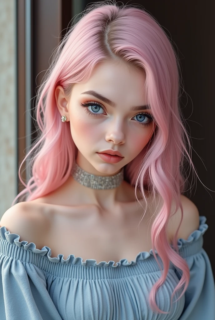 create a girl like cara delavigne with pink hair and blue eyes full shot for instagram