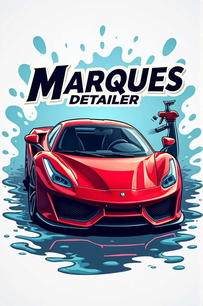 Create a logo of a red car being washed with the name Marques detailer 