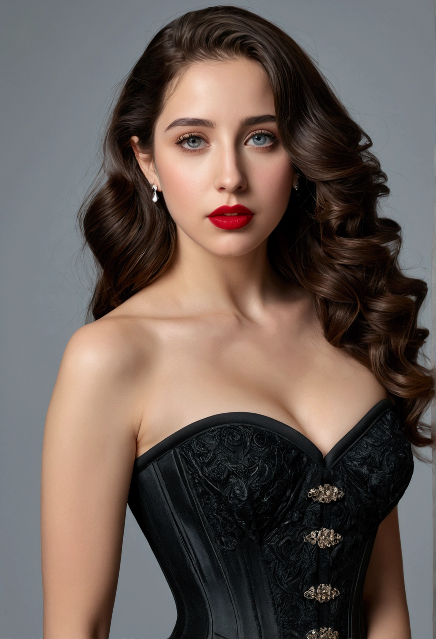 (best quality,4k,8k,highres,masterpiece:1.2),ultra-detailed,(realistic,photorealistic,photo-realistic:1.37), Emily Rudd, beautiful eyes,beautiful lips,detailed face,red lipstick,gorgeous woman, sexy black dress, sexy elegant fashion model, sexy elegant look,long eyelashes,confident expression,flawless skin,posing gracefully sexy,head to stomach shot, black mesh strapless corset, sexy naked medium Breasts,flowing fabric,soft and silky material,graceful movement,vibrant colors,artistic lighting,studio photo shoot, dreamy atmosphere