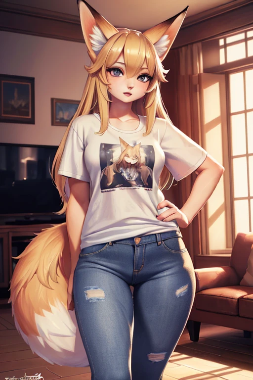 A girl with blonde hair and animal ear fluff, a fox girl from the game Arknights, with multiple fox tails and an oripathy lesion, wearing a t-shirt and jeans shorts, holding her own tail and a hairbrush, jumping excitedly inside a living room at home, (best quality,4k,8k,highres,masterpiece:1.2),ultra-detailed,(realistic,photorealistic,photo-realistic:1.37),detailed eyes,detailed lips,extremely detailed eyes and face,long eyelashes,illustration,digital painting,vibrant colors,dramatic lighting,cinematic composition