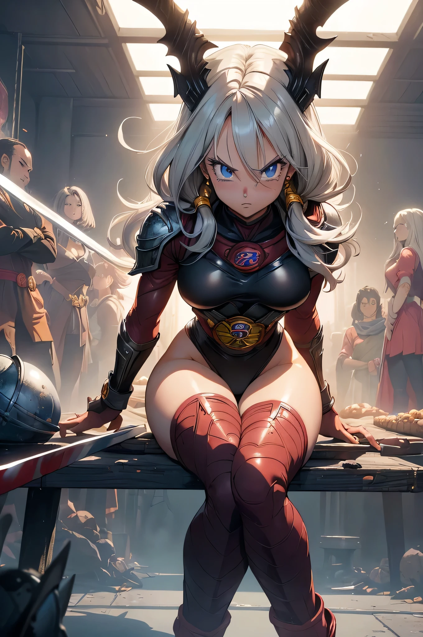 (Highest quality,4K,High resolution,masterpiece:1.2), (Ultra-detailed), (Slender beauty)(Age 27)(Holding a sword:1.3) (Dynamic Art), (looking at the camera) (Dragon Ball Z setting), (The whole body is visible)(Vision:1.8), (Realist,Photorealist,photo-Realist:1.37), (High resolution,High resolution), (Portraiture), (Vibrant colors), (Long legs), (A noticeably elongated face), (Wide range) (Beautiful Fine grain), (Beautifully detailed lips), (Highly detailed eyes and face), , Bright eyes Dynamic angles and postures, Soaked in sweat, Sweat, (Long eyelashes), (Sharp focus), (Physically Based Rendering), (8 heads,Beautiful female warrior), (Mature Woman) (Leg spread), (intense), (expression of intense desire), (Motion Blur), (elegant), (Slim figure), (Inspired by anime), (Bright light), (Cinema Lighting), (Contrasting colors), (Mysterious atmosphere), (Action-packed scenes), (Unique Look), (impressive), (), (Exciting), (Expressive), (Interesting atmosphere), (monster:1.4) ((Highest quality)),((Very detailed)),masterpiece,absurdes,Detailed face,Beautiful Face,(Fine grain, Deep Eyes),((Dynamic pose)), (((Long white hair,Adult beauty,Inspired by Akira Toriyama))),Iron Bikini Armor,grassland,Fighting with monsters Distant view Vision Wide shot Wide angle Long shot