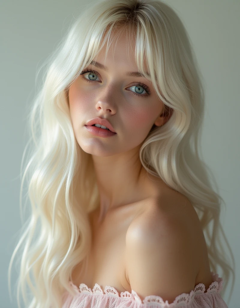 ((Full nudity))、Silky white skin、 Cute sexy little beautiful face、Bangs flowing in front of her cute face、Shiny platinum blonde hair、Long, silky bangs that cover the eyes 、Beautiful sparkling pale green eyes、Sexy and cute young woman with long shiny light and extra long hair、Visible large double eyelids、Sexy pose
