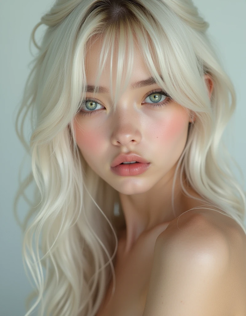 ((Full nudity))、Silky white skin、 Cute sexy little beautiful face、Bangs flowing in front of her cute face、Shiny platinum blonde hair、Long, silky bangs that cover the eyes 、Beautiful sparkling pale green eyes、Sexy and cute young woman with long shiny light and extra long hair、Visible large double eyelids、Sexy pose