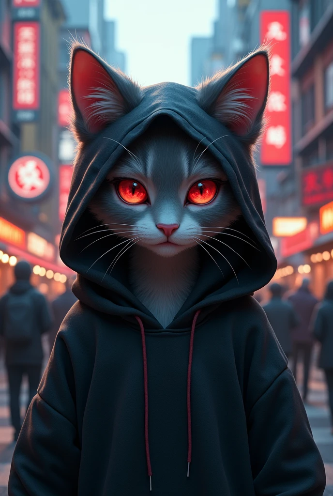 (furry:1.2),(deep gray furry cat,red eyes,black hoodie, boy, handsome:1.2),(masterpiece,detailed eyes, detailed face,high quality, absurd res,kemono:1.2),(random background, crowded opensky citystreet, random face to camera, unconcerned, harmony scene,light space)