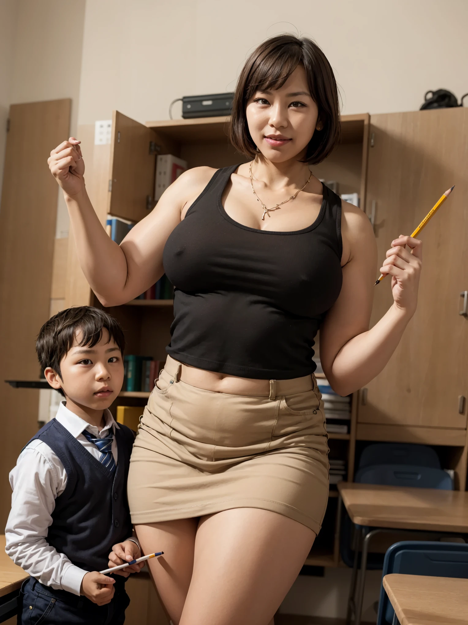 (Mature woman & little gradeschooler african boy), BREAK, Teacher girl, 42yo sensual south korean milf teaching in secluded poor african gradeschool. dark hair with bangs, lipgloss, natural make-up, simple necklace, the girl wearing sleeveless short with vest and pencil skirt, her arms behind head, fleshy milf's arms, gradeschooler homeroom teacher, standing confidently, cupboard, with 1 african boy gradeschooler student, chatting with 1 tiny boy, tiny gradeschoolernboy wearing school uniform, masterpiece, best quality, best result, mature female, BREAK, scenario: the gradeschooler hitting her off,